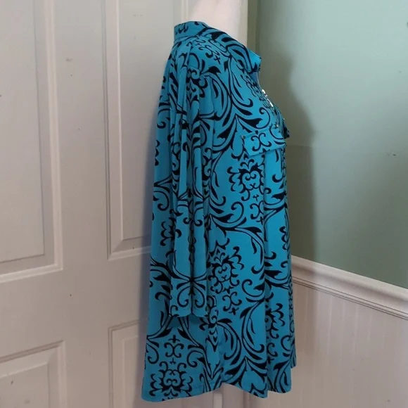 Bepei 2X Long Sleeve Blouse Turquoise Black Paisley Zipper - Picture 8 of 13